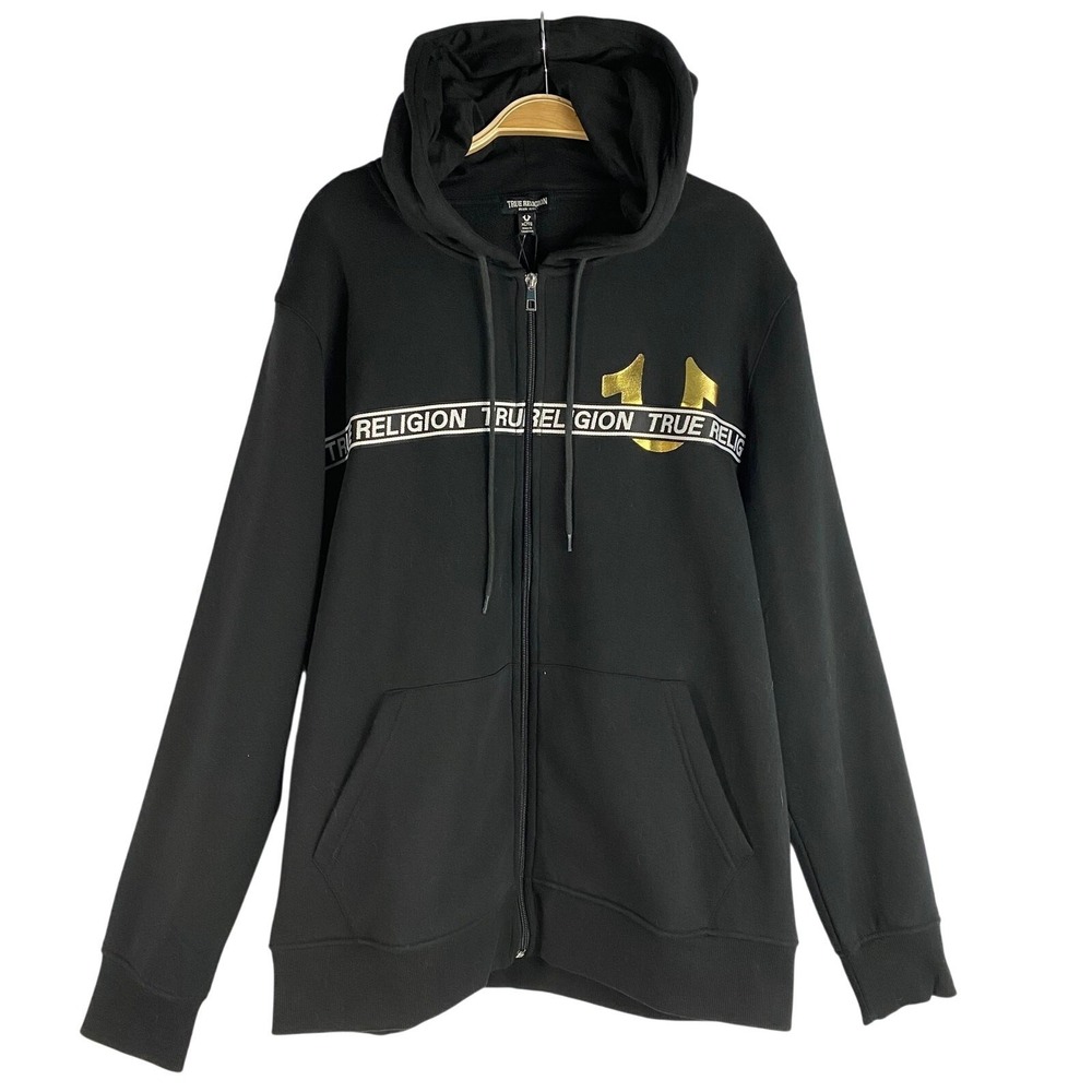 True Religion Y2K Zip Hoodie Men XL Black Foil Logo Grunge Skater Streetwear NWT